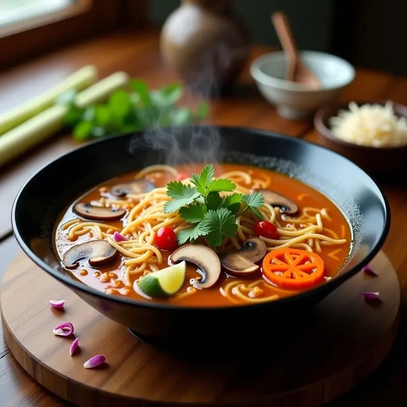 Cuenco hondo de cerámica negra con Bun Bo Hue vegano: caldo dorado y humeante con fideos de arroz gruesos, hongos shiitake, tofu dorado, brotes de soja, menta fresca y anacardos tostados. Decorado con gajos de limón y cilantro.