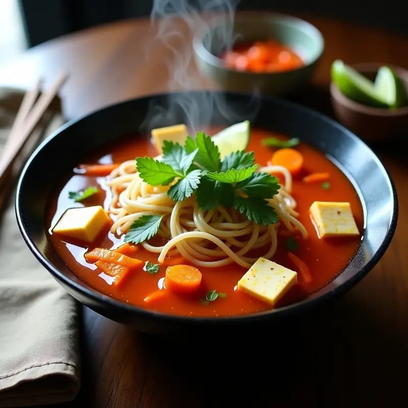Bol hondo de cerámica oscura con Bun Bo Hue vegano: caldo dorado y espeso con trozos de tofu dorado, champiñones shiitake, fideos de arroz gruesos, brotes de soja y cilantro fresco. Decorado con rodajas de lima y un hilo de aceite de sésamo. Receta vietnamita picante en Thermomix.