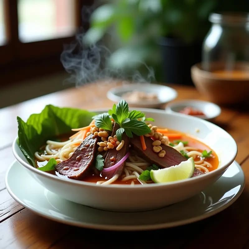 Plato colorido de Bun Boeing vietnamita con fideos de arroz blancos, tiras de pollo dorado, hierbas frescas verdes (menta, cilantro, perilla), zanahoria y pepino en juliana, cacahuetes tostados y salsa de pescado brillante. Presentado en un bol de cerámica blanca sobre fondo rústico de madera.