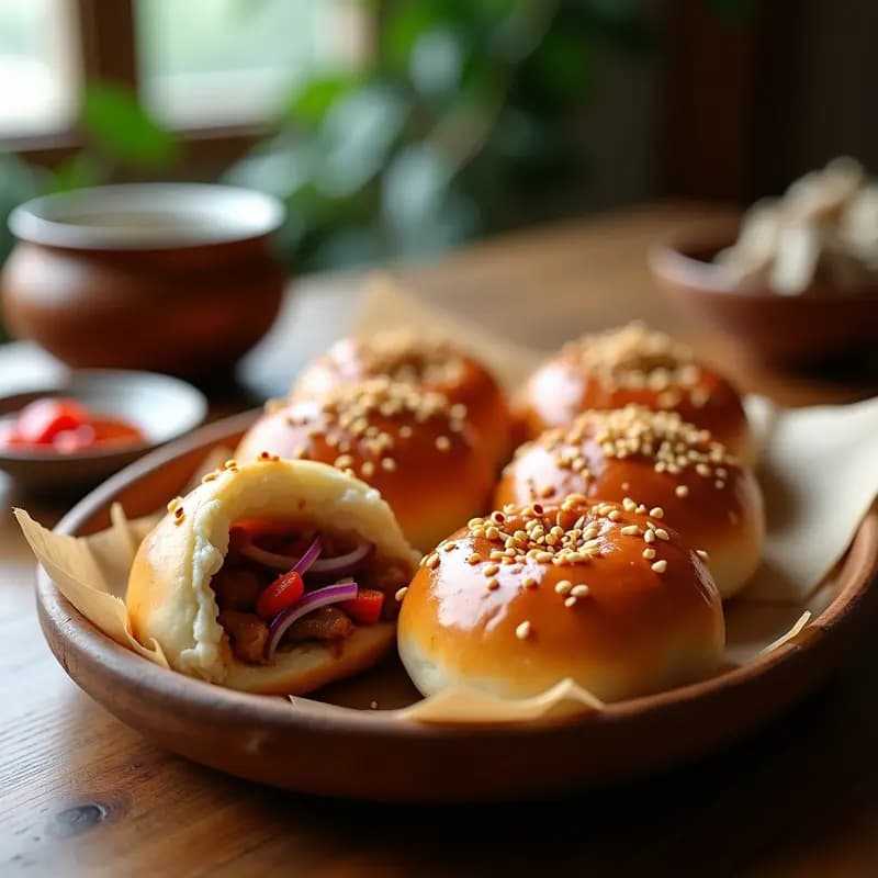 Bun de cerdo agridulce con salsa hoisin en airfryer: bollos esponjosos dorados rellenos de cerdo caramelizado, cebolla morada y pimiento rojo, espolvoreados con semillas de sésamo y cilantro fresco, servidos en un plato de madera con fondo oscuro.