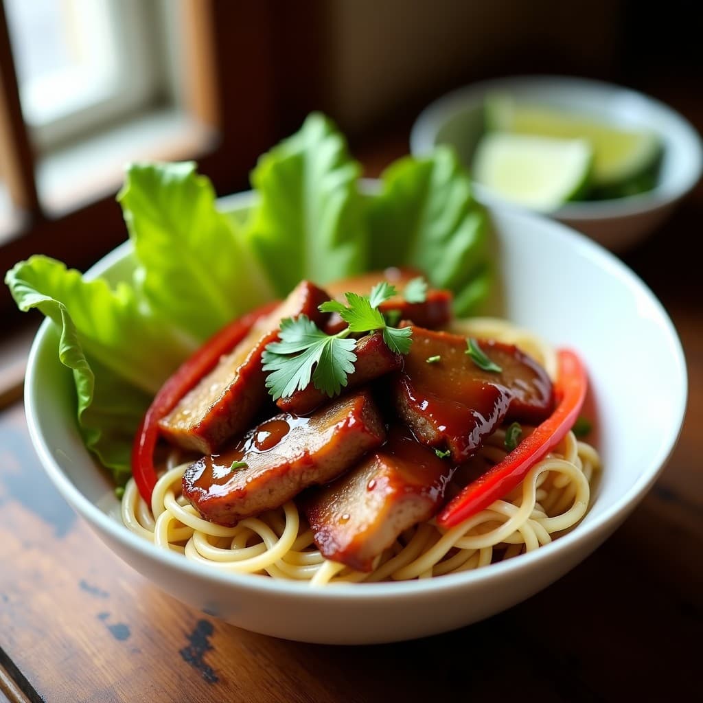 Plato hondo de cerámica negra con Bun Cha de cerdo en salsa hoisin sin azúcar, fideos de arroz, hojas de lechuga romana, rodajas de pepino, menta y cilantro fresco, receta china en olla exprés.