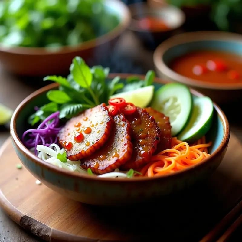 Plato vietnamita Bun Cha con cerdo marinado en salsa de pescado dorado, fideos de arroz blancos, lechuga morada, zanahoria juliana, cebolla morada y hierbas frescas de menta y cilantro, servido en un bowl de cerámica oscuro sobre fondo rústico de madera.