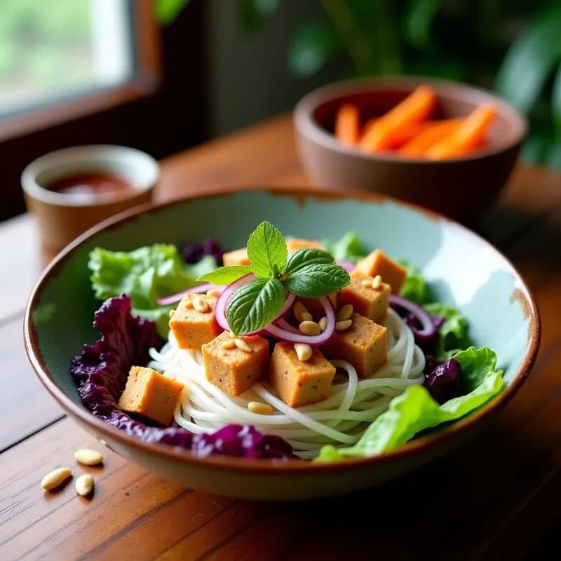 Bol colorido con Bún Chả vegano: base de lechuga morada, vermicelli de arroz blancos, tofu dorado en cubos, cebolla morada en juliana, hierbas frescas (menta y cilantro) y anacardos tostados. Acompañado de una salsa oscura brillante en un cuenco pequeño, sobre fondo rústico de madera.