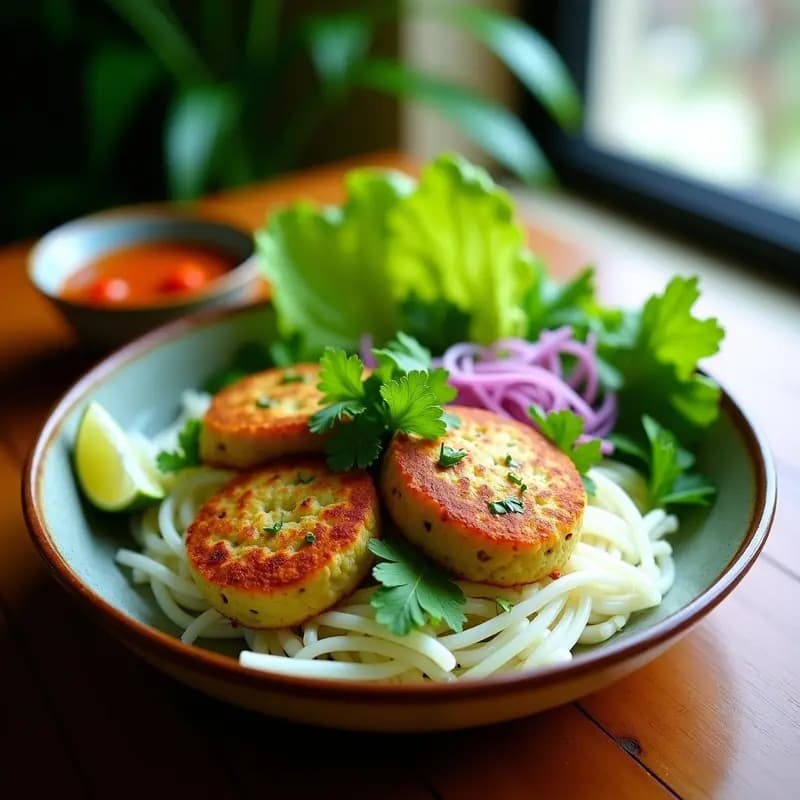 Plato colorido de Bun Cha Vieta Namita de Jackfruit con hamburguesa de plátano macho dorada, fideos de arroz, hierbas frescas como menta y cilantro, zanahoria rallada y salsa Nuoc Cham. Presentación tradicional vietnamita con semillas de sésamo espolvoreadas.