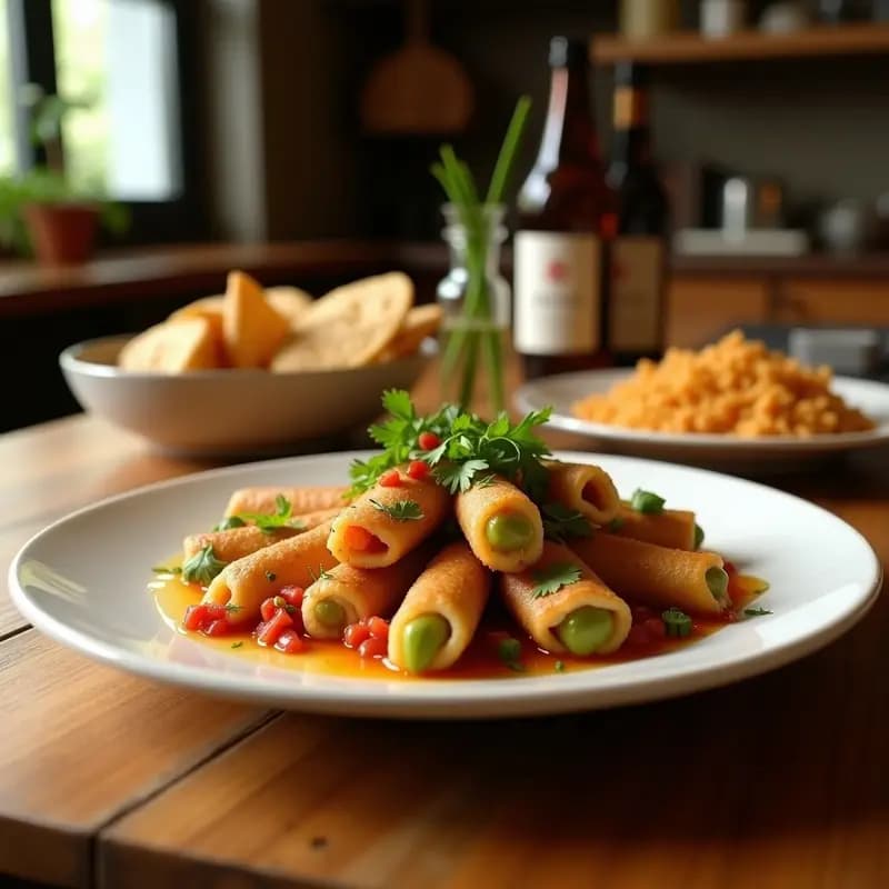 Plato de Buny Chaos Thai: rollitos de primavera fritos dorados y crujientes con relleno de cerdo y repollo morado, servidos sobre hoja de plátano con salsa tailandesa al lado.