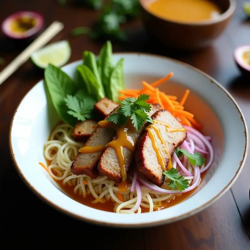 Bol hondo vietnamita con fideos de arroz, carne de cerdo a la parrilla en rodajas, cebolla morada, zanahoria rallada y hierbas frescas, bañado en una brillante salsa de maracuyá dorada. Receta de Bun Cha con toque frutal.