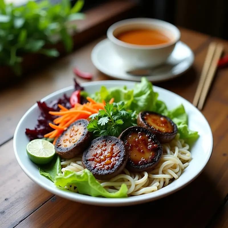 Plato vietnamita de Bún Chả Vegano con hamburguesas de hongos Portobello a la plancha, vermicelli de arroz, hierbas frescas y salsa Nuoc Cham, servido en un bol de cerámica blanca con fondo rústico.