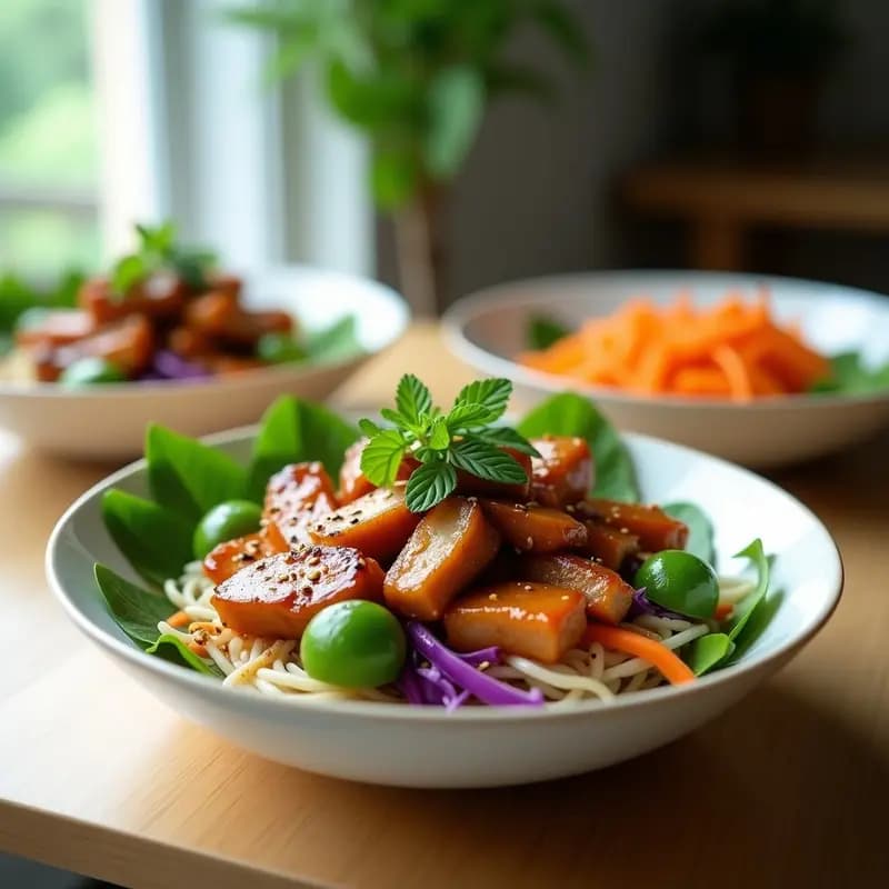 Plato colorido de Bun Cha Vietnames con brochetas de cerdo marinado doradas, fideos de arroz vermicelli, hierbas frescas como menta y cilantro, zanahoria juliana y lechuga morada, servido en un bol de cerámica con salsa agridulce y semillas de sésamo espolvoreadas.