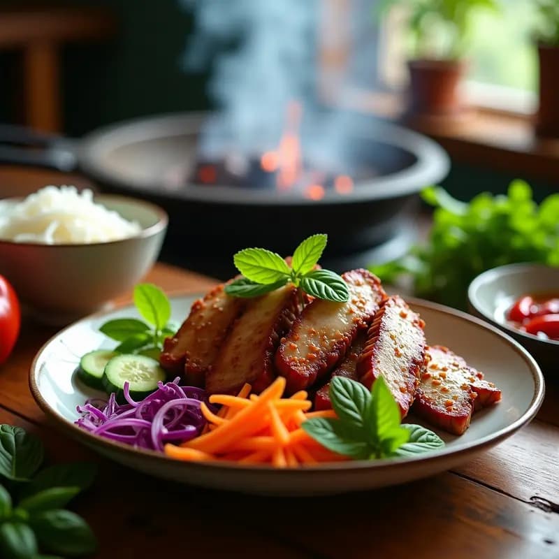 Plato tradicional vietnamita Bun Cha con carnes asadas (cerdo y ternera) doradas, fideos de arroz blancos, hierbas frescas como menta y cilantro, lechuga, zanahoria en juliana y pepino. Acompañado de salsa nuoc cham en un bol aparte, sobre una mesa de madera rústica.