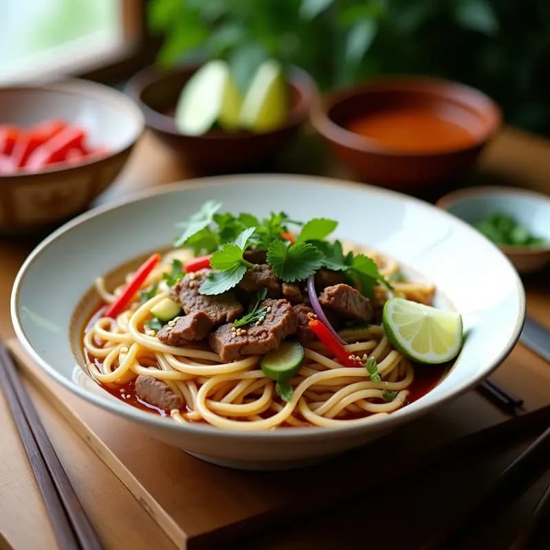 Plato hondo de cerámica blanca con Bun Chao de ternera salteada, fideos de arroz anchos, verduras en juliana y hierbas vietnamitas frescas (cilantro, menta y perilla). Espolvoreado con semillas de sésamo y acompañado de rodajas de limón y chile rojo. Fondo borroso con utensilios de cocina asiáticos.