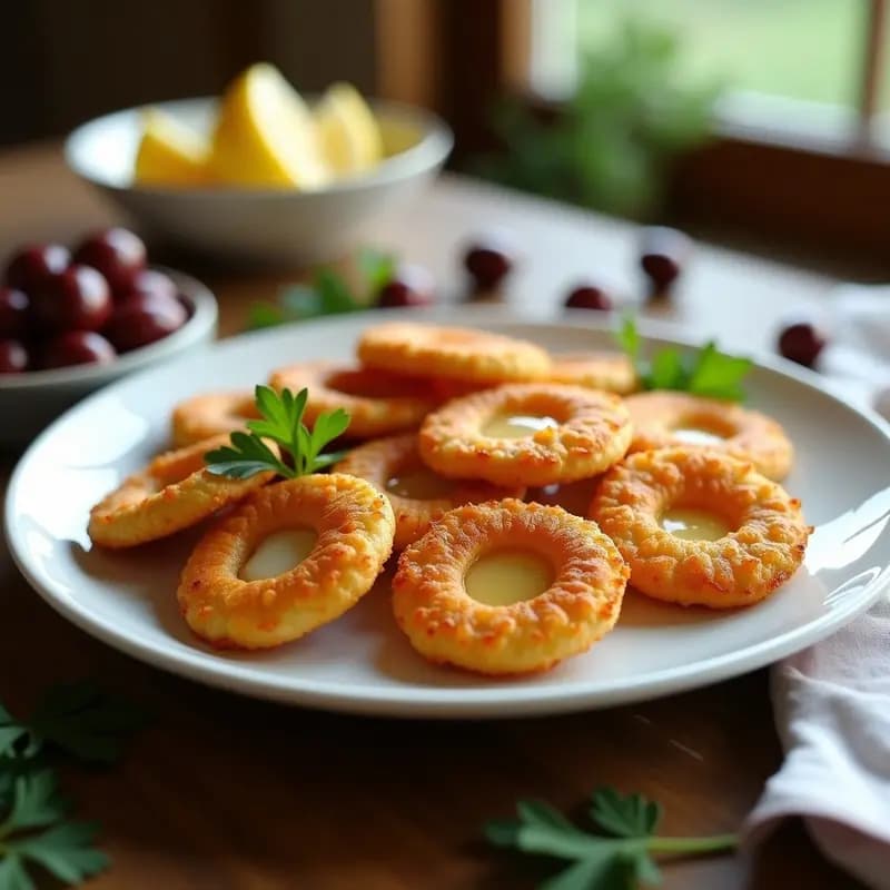 Bunas doradas y crujientes de aceituna negra y queso halloumi servidas en un plato de cerámica blanca, con un fondo de aceitunas y hierbas frescas. Aperitivo albanés en airfryer listo para compartir.