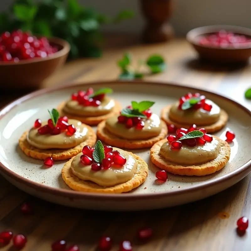 Bunas de berenjena y tahini vegano con granadas en bandeja de barro: montículos dorados de masa de garbanzo sobre pieles de berenjena asada, bañados en crema de tahini y decorados con semillas de granada rojas brillantes.