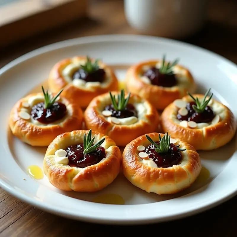 Bunas de Berndes doradas y crujientes en airfryer, con queso de cabra cremoso, mermelada de higos brillante, nueces picadas y un hilo de miel de romero, presentadas en bandeja de madera rústica con tomillo fresco.