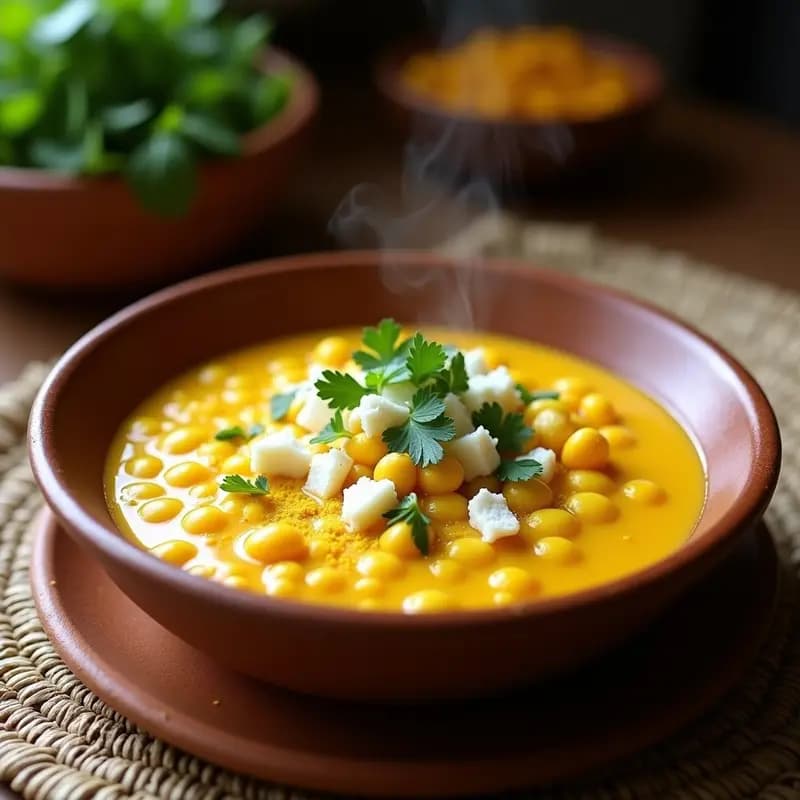 Plato hondo de barro con bunce de maíz tierno y queso Cotija desmenuzado, decorado con cilantro fresco y un toque de ají amarillo, receta peruana tradicional.