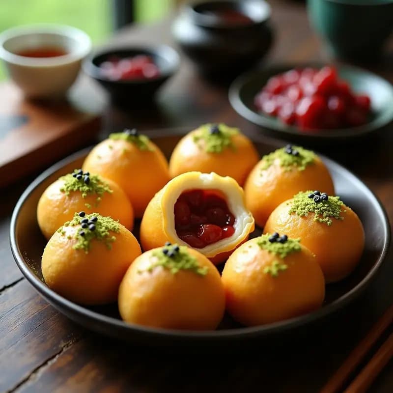 Bungeoppang coreano vegano en molde para takoyaki, con masa esponjosa de matcha y relleno cremoso de frijoles rojos azuki, decorado con semillas de sésamo negro y un toque de matcha en polvo.