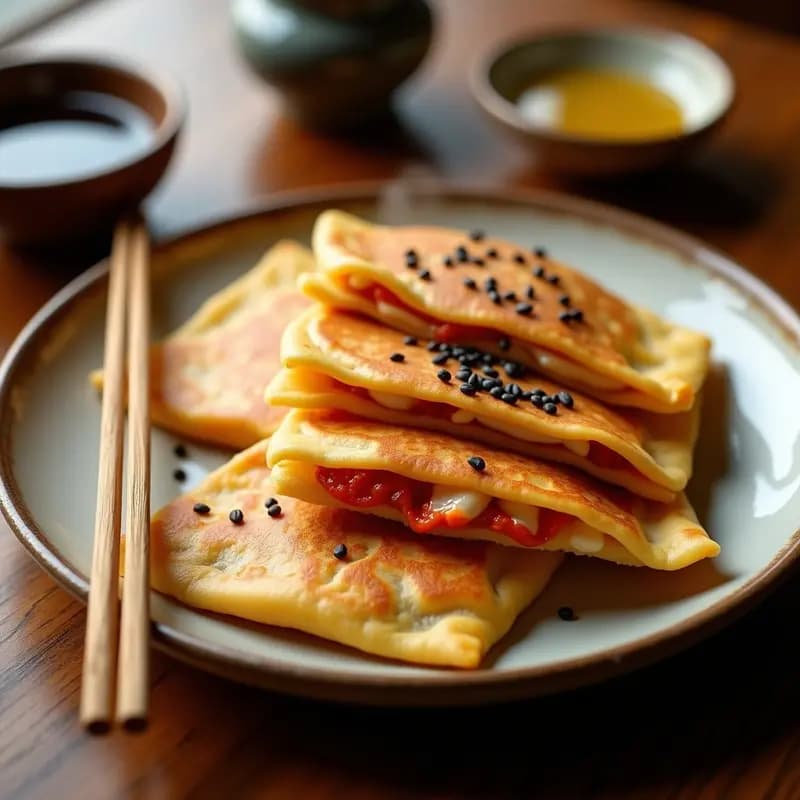 Panqueques coreanos Bunkt Noddak dorados y esponjosos, rellenos de kimchi rojo vibrante y tofu sedoso, servidos en un plato de cerámica tradicional con semillas de sésamo negro espolvoreadas y un cuenco pequeño de salsa de soja al lado.