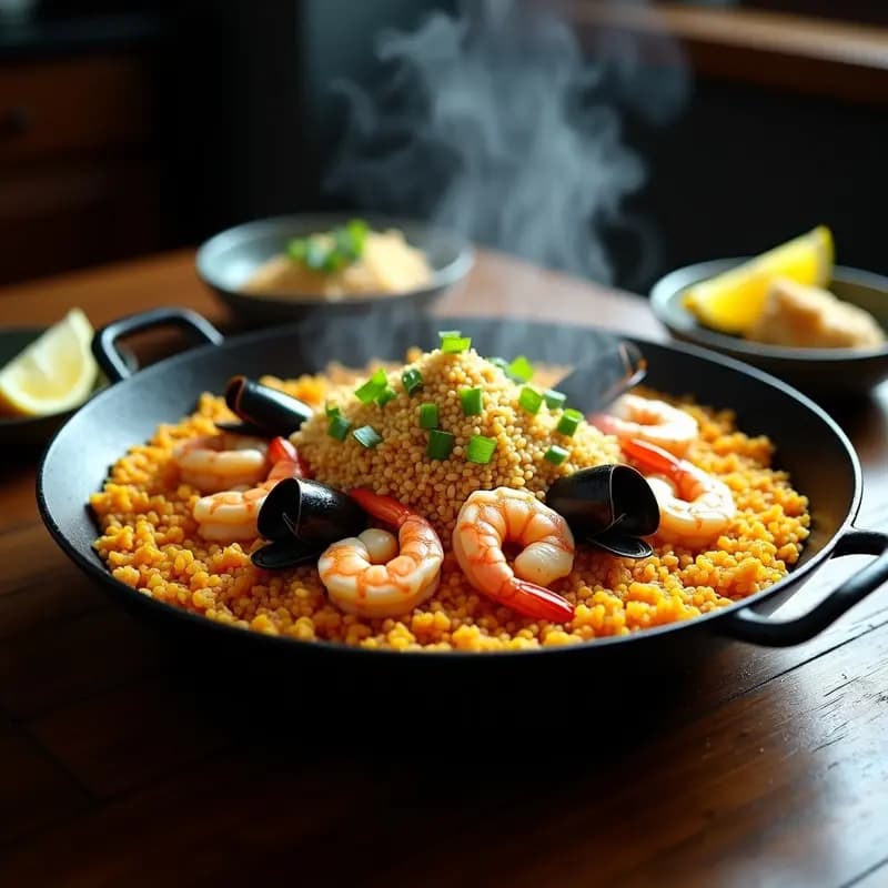 Paellera de hierro con Bunktim Paella de Quinoa y Mariscos, receta fusion coreana-española. Quinoa dorada con azafrán, gambas, mejillones y calamar, decorada con ajonjolí, cebollino y gajos de limón sobre fondo rústico.