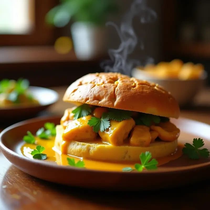 Bunny Chow de pollo al curry sin gluten: pan hueco dorado de yuca relleno de pollo estofado en salsa de curry cremosa con leche de coco, decorado con cilantro fresco y rodaja de limón sobre fondo rústico de madera.