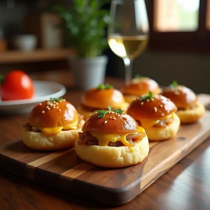 Bandeja de madera con buns de Camembert y cebolla caramelizada dorados en Airfryer, servidos con crema de mostaza de Dijon y semillas de sésamo negro, aperitivo francés gourmet.
