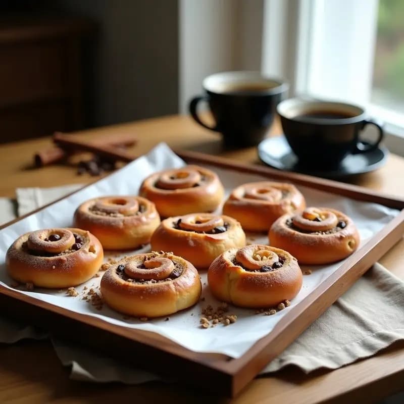 Bandeja de buns de canela y cardamomo recién horneados, dorados y esponjosos, con espolvoreado de azúcar glass, sobre papel de horno rústico. Receta tradicional escandinava en Thermomix.