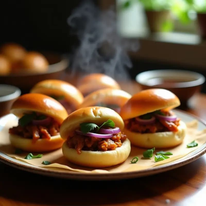 Buns de cerdo adobado al estilo chino recién hechos en airfryer, dorados y esponjosos, abiertos para mostrar el relleno de cerdo desmenuzado caramelizado con cebolla morada y cilantro, servidos en papel de horno.