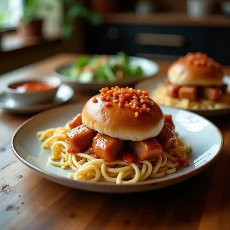 Buns de cerdo asado al estilo chino con salsa hoisin, cocinados en olla lenta, servidos en vaporera de bambú sobre mantel de tela oscura con hierbas frescas.