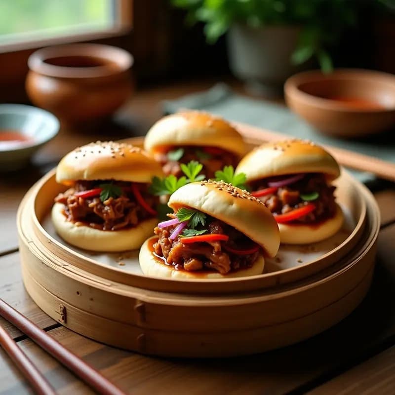 Buns de cerdo desmenuzado al estilo bao servidos en una vaporera de bambú, con panecillos esponjosos y brillantes rellenos de cerdo jugoso, acompañados de semillas de sésamo y cilantro fresco, receta china en olla lenta.