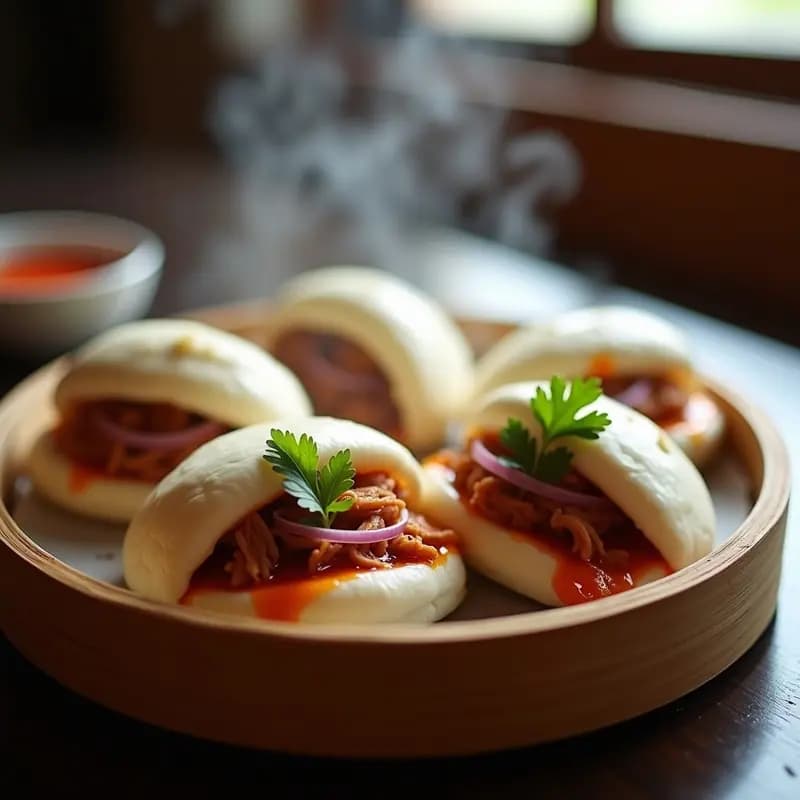 Plato de bollos al vapor rellenos de cerdo desmenuzado y mojo picón, fusión china-canaria, servidos en vaporera de bambú con cilantro fresco.