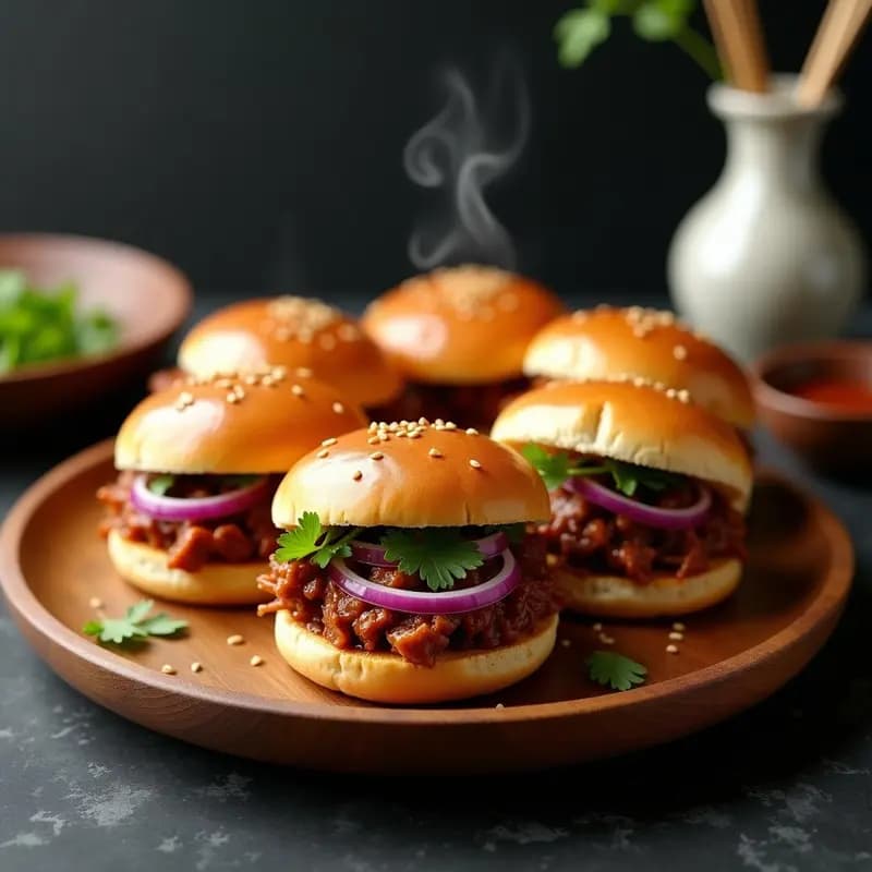 Buns de cerdo desmenuzado con salsa hoisin, receta china para hamburguesas asiáticas, presentados en un plato de madera con semillas de sésamo y cilantro fresco.