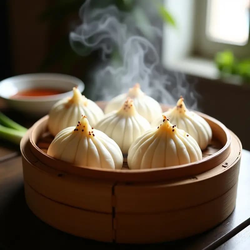 Buns de cerdo al vapor con salsa hoisin servidos en olla de bambú, con semillas de sésamo espolvoreadas y hojas de col china como base, receta tradicional china.