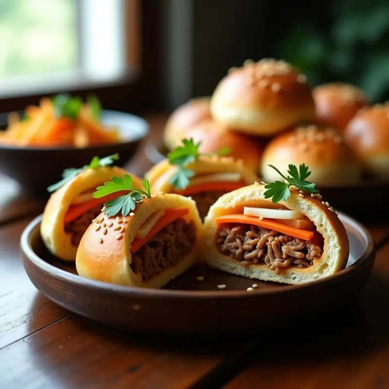Buns de cerdo desmenuzado al estilo Taipeí en airfryer, con encurtidos de rábano y pepino, servidos en un plato de bambú con semillas de sésamo y cilantro fresco.