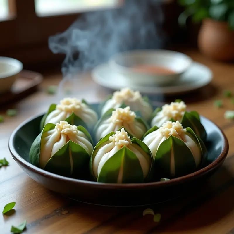 Buns de cerdo al vapor con hojas de lotus servidos en un plato de bambú, mostrando la masa esponjosa y el relleno jugoso envuelto en hojas verdes de lotus, receta china tradicional.