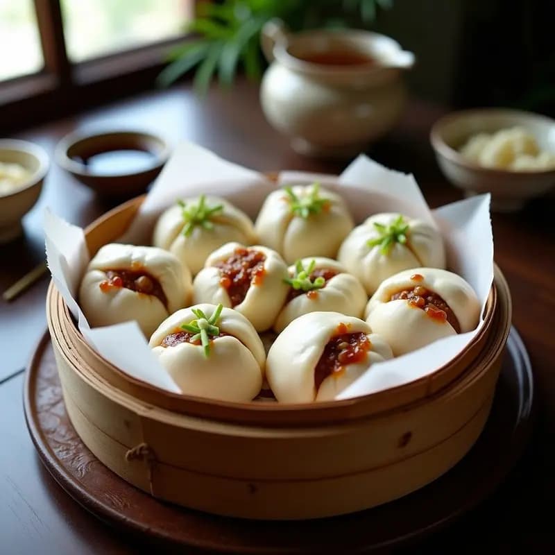 Plato de bambú con buns de cerdo al vapor cubiertos por pan de manto, rellenos jugosos de cerdo marinado en salsa hoisin y jengibre, decorados con cebollino fresco.
