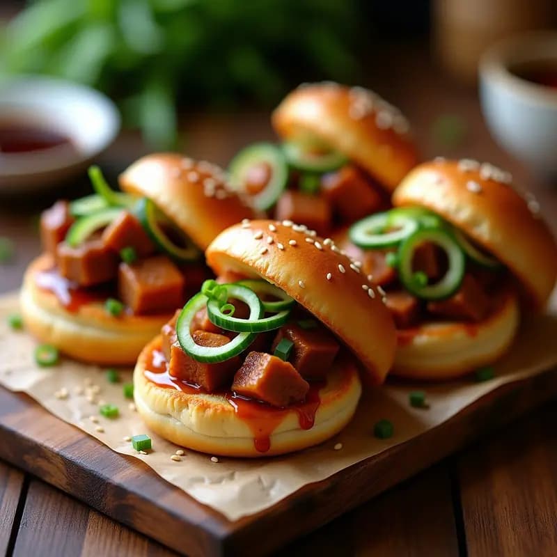 Buns de char siu vegano dorados en airfryer, rellenos de seitán glaseado con salsa hoisin, decorados con cebolla morada, perejil y semillas de sésamo, sobre un plato de madera oscura.