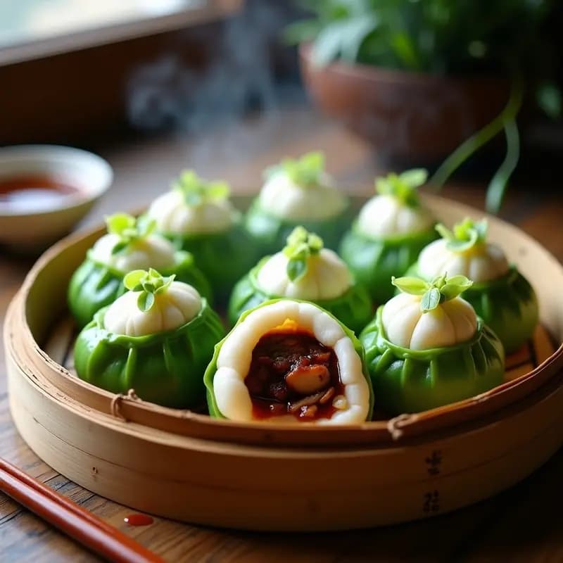 Buns chinos al vapor con cerdo asado y hojas de loto, servidos en vaporera de bambú. Masa esponjosa y dorada, relleno jugoso de cerdo asado envuelto en hojas de loto verdes, acompañados de cebollino picado. Receta tradicional cantonesa.