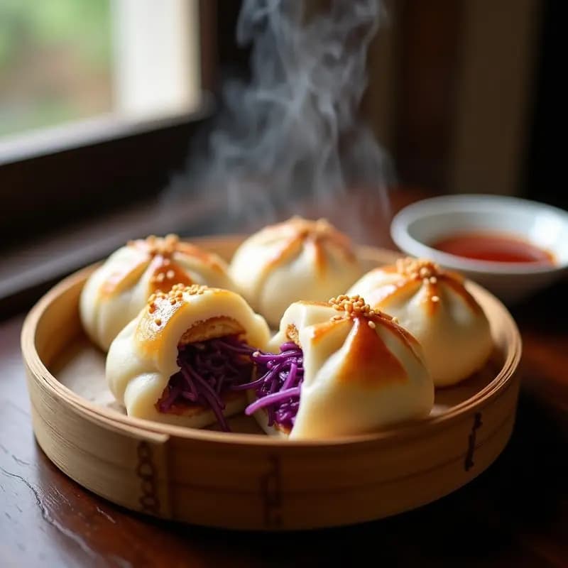 Buns chinos al vapor rellenos de pollo teriyaki y col morada encurtida, servidos en una vaporera de bambú con semillas de sésamo espolvoreadas, receta Thermomix.