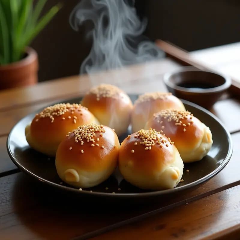 Buns chinos al vapor con carne de cerdo y cebolla en airfryer, sin harina, servidos en plato blanco con cebollino fresco. Textura esponjosa y dorada, relleno jugoso visible al cortar.