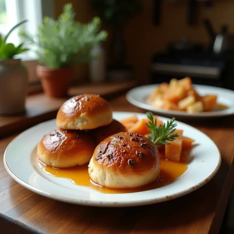 Bandeja de bambú con buns chinos al vapor recién hechos, masa blanca y esponjosa rellena de cerdo asado glaseado y cebolla caramelizada, receta cantonesa con sabor dulce.