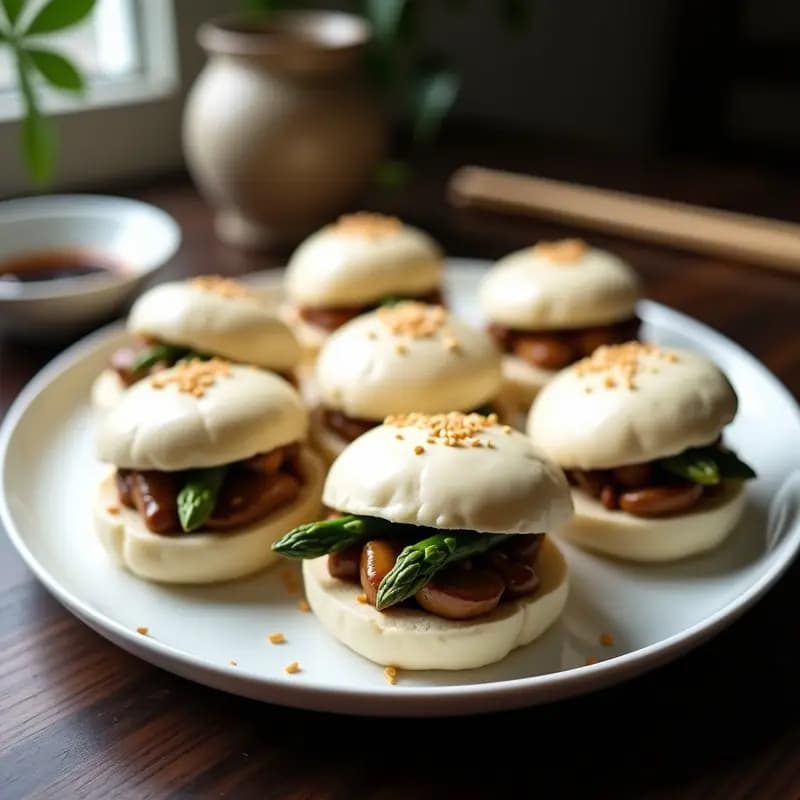 Buns chinos al vapor dorados en airfryer, rellenos de setas shiitake y espárragos verdes, con semillas de sésamo y perejil fresco. Plato vegano y sin gluten con textura esponjosa y relleno jugoso.