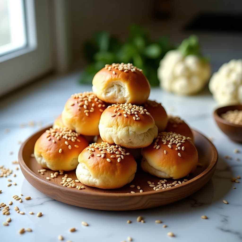 Buns de coliflor dorados con semillas de sésamo y lino tostadas, apilados en un plato de madera rústico, crujientes por fuera y esponjosos por dentro. Receta de pan keto sin horno.