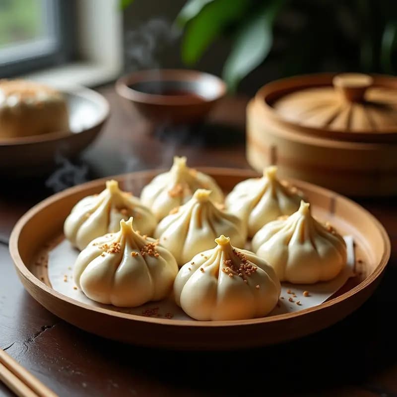 Buns de pan de arroz esponjoso rellenos de ternera jugosa y hojas de loto, servidos en una canastilla de bambú con semillas de sésamo tostadas, receta china en olla rápida.