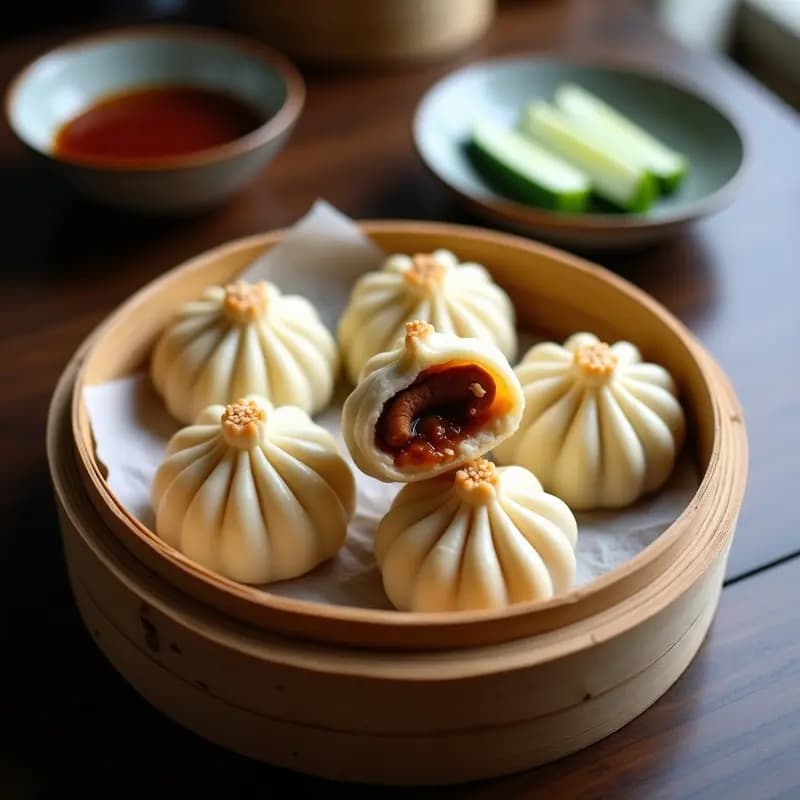 Buns al Vapor de Cerdo Char Siu dispuestos en vaporera de bambú, panecillos esponjosos y brillantes rellenos de cerdo dulce-salado, espolvoreados con semillas de sésamo, dim sum chino tradicional.