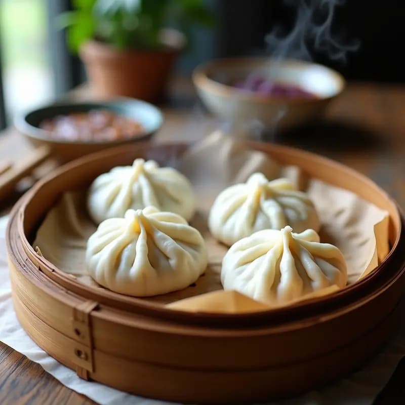 Buns de vapor chinos recién cocinados, esponjosos y blancos, rellenos de cerdo y repollo morado, dispuestos en una vaporera de bambú con papel de hornear. Vapor saliendo de la vaporera y fondo borroso de cocina tradicional.