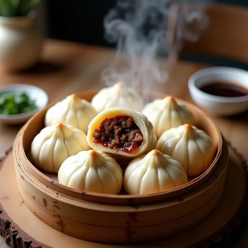 Plato blanco con buns de vapor rellenos de carne de cordero y cebolla morada, servidos sobre papel de hornear en una vaporera de bambú, con semillas de sésamo espolvoreadas y cilantro fresco como decoración.