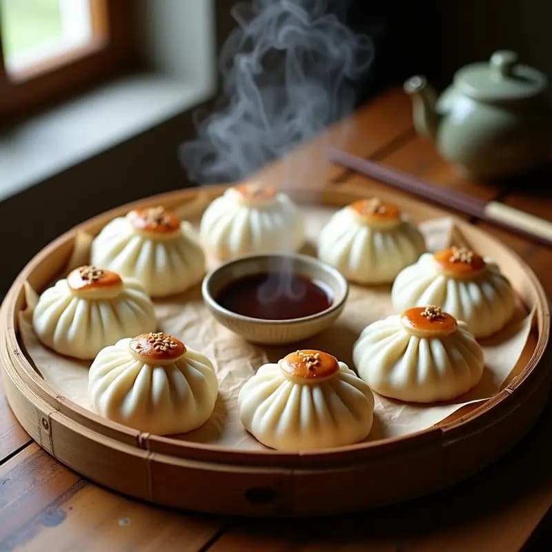 Buns de vapor veganos rellenos de hongos shiitake servidos en una vaporera de bambú, con salsa hoisin casera y semillas de sésamo espolvoreadas, receta china tradicional al vapor.