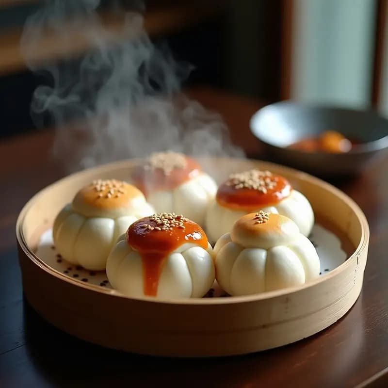 Buns de vapor esponjosos y brillantes rellenos de pollo teriyaki, servidos en una canasta de bambú sobre fondo oscuro, con salsa teriyaki goteando y semillas de sésamo espolvoreadas.