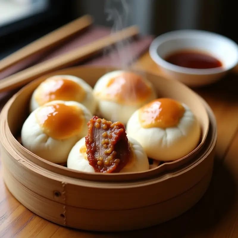 Buns al vapor rellenos de cerdo BBQ en Airfryer, con textura esponjosa y dorada, servidos en una canasta de bambú con salsa hoisin al lado.