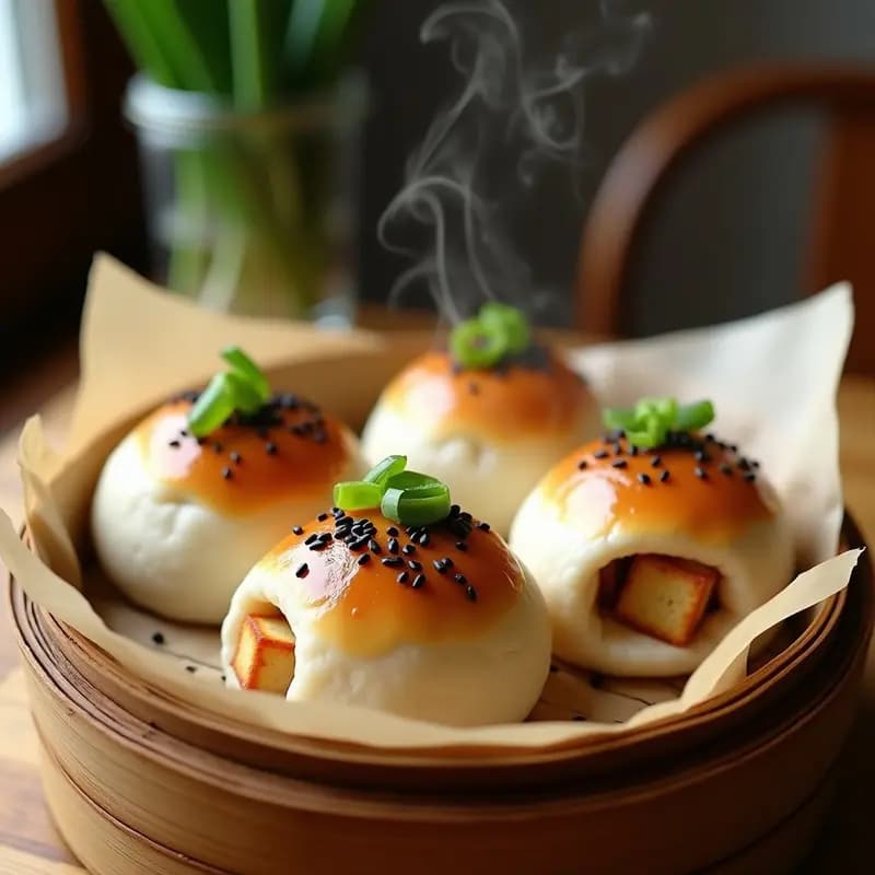 Buns al vapor de pan de arroz rellenos de tofu teriyaki vegano, servidos en vaporera de bambú con semillas de sésamo negro y cebollino fresco espolvoreado.