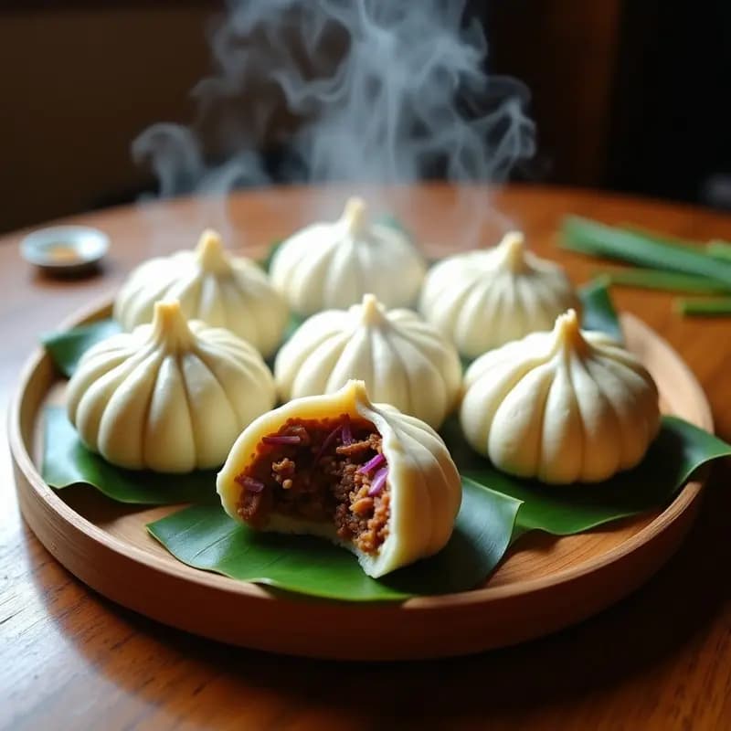 Bunsao de Cerdo Desmenuzado con Pan al Vapor servidos en una vaporera de bambú, con el pan esponjoso y brillante y el relleno jugoso de cerdo asomando por los bordes. Receta china callejera tradicional.