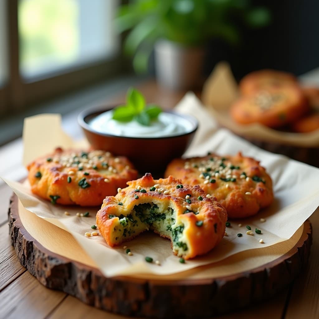 Buñuelos dorados y crujientes de harina de almendra y espinacas, con semillas de sésamo tostadas, servidos en una fuente de madera sobre papel de horno, receta keto en airfryer.